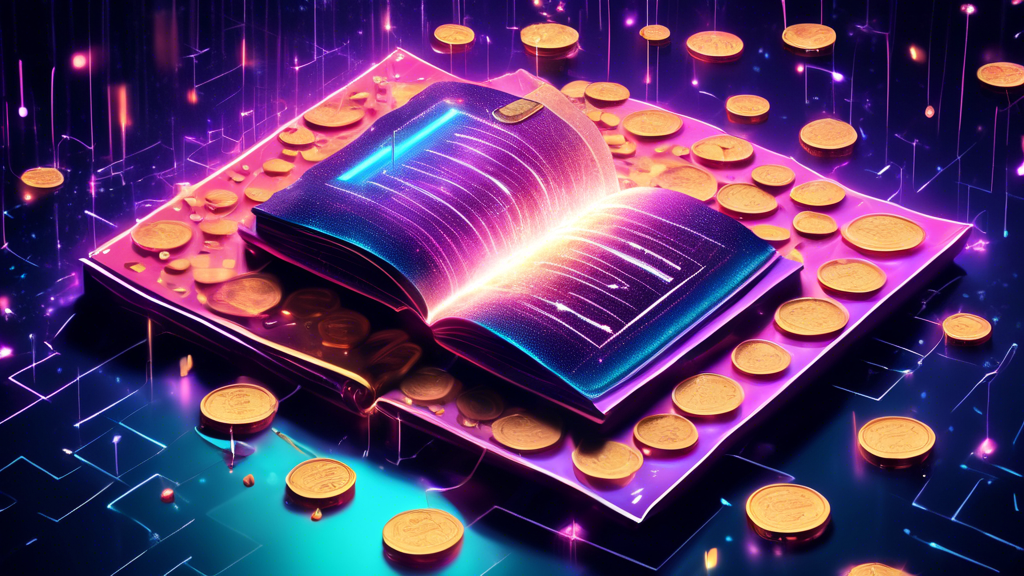 An imaginative visualization of a glowing, futuristic ledger book opening amidst a shower of digital coins, with the Polychain logo prominently featured in the background, all signifying the successful $8m seed round of OpenLedger.