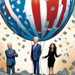 Digital artwork of Joe Biden and Kamala Harris as exaggerated caricature figures standing on top of a rapidly deflating giant balloon labeled 'Meme Coin,' with disappointed cartoon investors looking on, against a backdrop of a falling stock market graph.
