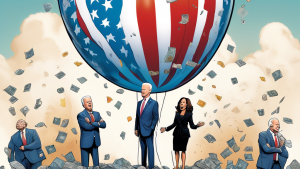 Digital artwork of Joe Biden and Kamala Harris as exaggerated caricature figures standing on top of a rapidly deflating giant balloon labeled 'Meme Coin,' with disappointed cartoon investors looking on, against a backdrop of a falling stock market graph.