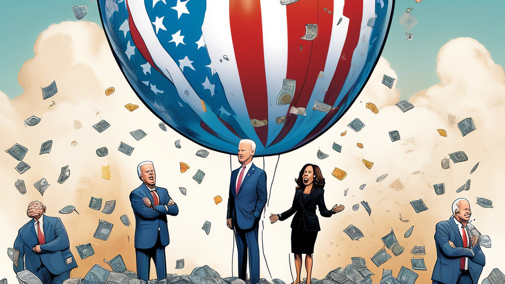 Digital artwork of Joe Biden and Kamala Harris as exaggerated caricature figures standing on top of a rapidly deflating giant balloon labeled 'Meme Coin,' with disappointed cartoon investors looking on, against a backdrop of a falling stock market graph.