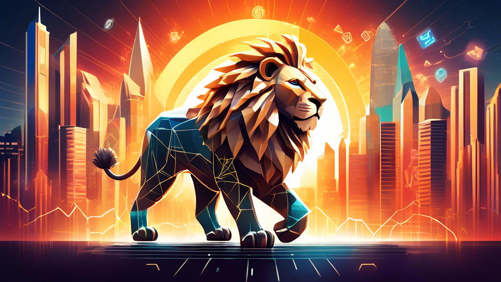 An illustration of a digital lion, symbolizing 'Roaring Kitty', confidently striding across a futuristic cityscape with soaring graphs and cryptocurrency symbols, prominently featuring the Solana and CHWY logos under a gleaming sun.