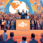 A digital painting commemorating the first anniversary of the landmark XRP ruling featuring Ripple's legal counsel Stuart Alderoty standing on a podium with a gavel in hand, with a backdrop of a giant XRP logo and a crowd of diverse people (representing the global XRP community) cheering in the foreground, under a banner that reads 'Watershed Moment'.
