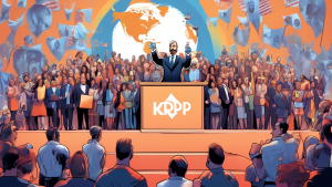 A digital painting commemorating the first anniversary of the landmark XRP ruling featuring Ripple's legal counsel Stuart Alderoty standing on a podium with a gavel in hand, with a backdrop of a giant XRP logo and a crowd of diverse people (representing the global XRP community) cheering in the foreground, under a banner that reads 'Watershed Moment'.
