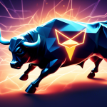 A digital illustration of a bull symbolically representing investors charging towards a glowing Ethereum logo, with the Bitcoin logo fading in the background.