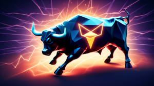A digital illustration of a bull symbolically representing investors charging towards a glowing Ethereum logo, with the Bitcoin logo fading in the background.