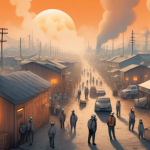 Detailed illustration of a small Texas town enveloped in a haze, with large Bitcoin mining servers in the background emitting pollutants, as concerned residents wearing protective masks gather in the foreground.
