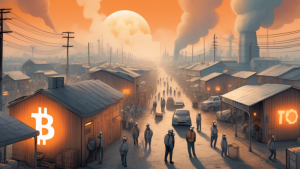 Detailed illustration of a small Texas town enveloped in a haze, with large Bitcoin mining servers in the background emitting pollutants, as concerned residents wearing protective masks gather in the foreground.